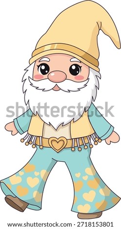 Retro 80s Disco Gnome Wearing Flared Bell Bottom Pants, Cute Pastel Valentine Character, Nostalgic Hippie Style Gonk for Gen Z Aesthetic Illustration, Groovy Love Concept.