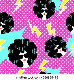 Retro 80s Disco Party Seamless Pattern Vector. Pink Polka Dot Pop Art Background With Lightning, Girl With Black Curly 80s Hairstyle.