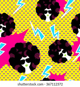 Retro 80s Disco Party Seamless Pattern Vector. Yellow Polka Dot Pop Art Background With Lightning, Girl With Black Curly 80s Hairstyle.