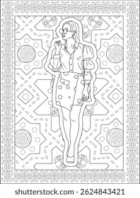Retro 80s Fashion Girl Coloring Page, Black and white line art illustration for coloring featuring a stylish woman in 80s-inspired fashion, including a button-up shirt with puffy sleeves, polka dot