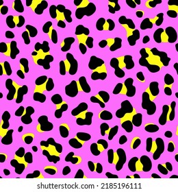 Retro 80s Fashion Style Leopard Print With Neon Yellow and Orchid Purple. Seamless Animal Print.