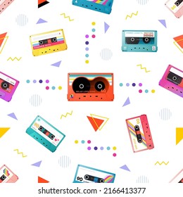 Retro 80s Funky Cassette. Seamless Pattern. 70s Music Tape, Vintage Pop Art And Graphic Print, Audio Fun Mix. Decor Textile, Wrapping Paper And Trendy Hipster Wallpaper. Vintage Vector Print