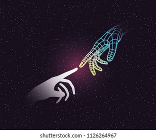 Retro 80s futuristic deep space design. Human hands pointing one another one of which is wireframe