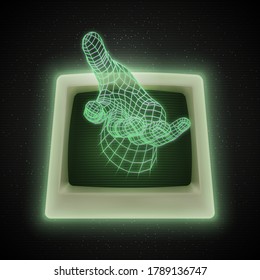 Retro 80s Futuristic Deep Space Design. Polygonal Human Hand With Offering Help Gesture Sticking Out of Retro Computer