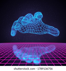 Diseño Futurista del Espacio Profundo de la Retro 80. La mano humana sobrepasa la rejilla láser con reflexión