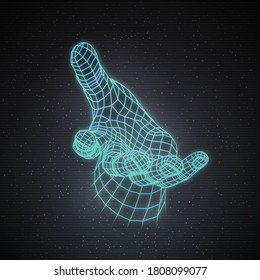 Retro 80s Futuristic Deep Space Design. Polygonal Human Hand With Offering Help Gesture