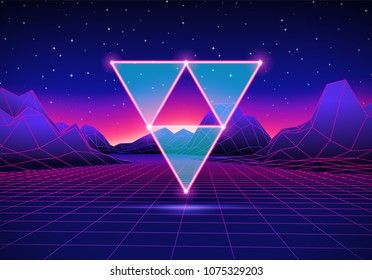 Retro 80s hipster styled futuristic landscape with neon triangles and shiny grid for party poster, flyer or mix cover