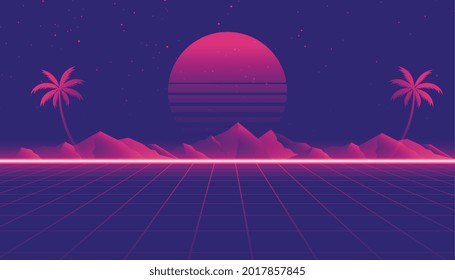 retro 80s landscape scene in game style