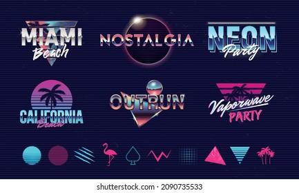 Retro 80s logo design. 6 Retro Futuristic logo and 10 retrowave elements. Vaporwave, neon emblems. Trendy design for t-shirt, poster, banner.
Vector illustration