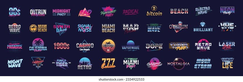 Retro 80s logo and signs. Vaporwave, Synthwave logo set for Night club, Casino, music album, party invitation designs. Print for t-shirt, tee. 40 colorful neon logo designs.