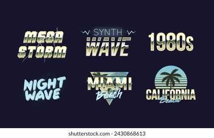 Retro 80s logos, signs. Miami, California, 1980s emblem. Retro 80's logos set for Night club, music album, party invitation designs. 