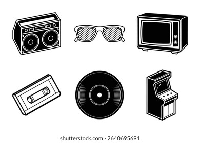 Retro 80s music and entertainment icons including boombox, cassette, vinyl, sunglasses, arcade and television