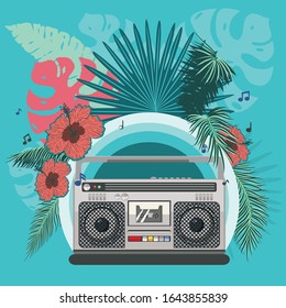 Retro 80s music poster with boombox and tropical leaves design.