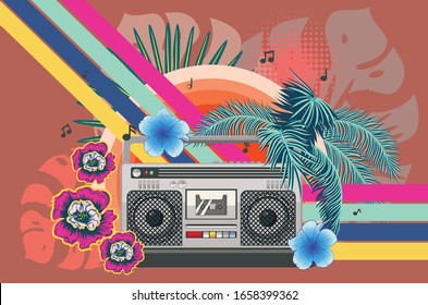 Afiche musical de los años 80 con boombox y diseño de hojas tropicales.