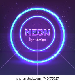 Retro 80's neon circles on digital landscape. Vector illustration.