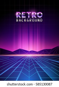 Retro 80's Neon Digital Landscape With Light Beams. Vector Illustration