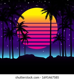 Retro 80s palms style with graphic background Premium Vector