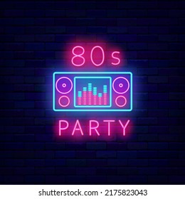 Retro 80s party neon signboard. Music dj mixer. Vintage light advertising. Night club event label. Outer glowing effect. Editable stroke. Vector stock illustration