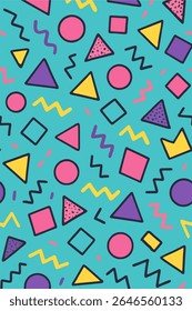 Retro 80s pattern with colorful geometric shapes and squiggles on purple, perfect for trendy designs or backgrounds