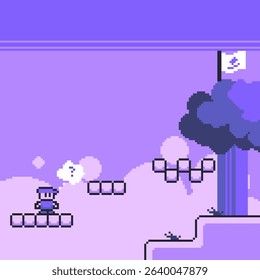 Retro 80s Pixel Art Style Platformer Side view character Thinking about the Goals in Forest ,Purple Dreamy Color