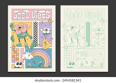 retro 80s posters or wall art desain with colorful castoon flower characters, vector illustration 