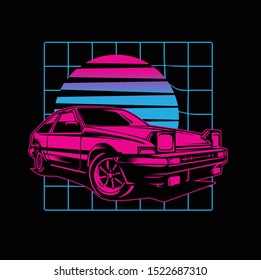 Retro 80s sci-fi futuristic style background with supercar. Vector retro futuristic synth wave illustration in 1980s posters style. Retro Nostalgic vaporwave cyberpunk artwork with vibrant neon colors