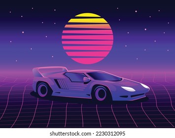 Retro 80s sci-fi futuristic style background with supercar. Vector retro futuristic synth wave illustration in 1980s posters style. Retro Nostalgic vaporwave cyberpunk artwork with vibrant neon colors