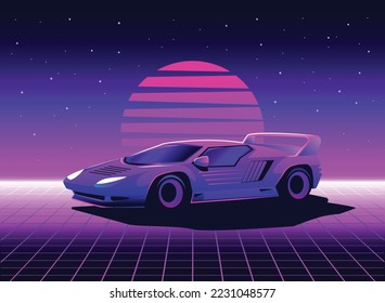 Retro 80s sci-fi futuristic style background with supercar. Vector retro futuristic synth wave illustration in 1980s posters style. Retro Nostalgic vaporwave cyberpunk artwork with vibrant neon colors