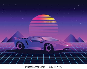 Retro 80s sci-fi futuristic style background with supercar. Vector retro futuristic synth wave illustration in 1980s posters style. Retro Nostalgic vaporwave cyberpunk artwork with vibrant neon colors