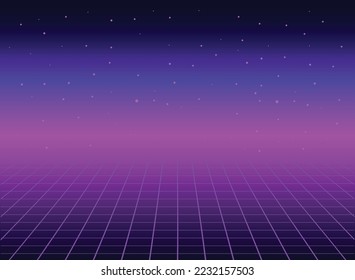 Fondo retro de estilo futurista de ciencia ficción de los años 80. Ilustración de onda de sintetizador futurista vector retro en afiches de los años 80. Obra de arte retro nostálgica vaporwave cyberpunk con colores vibrantes de neón
