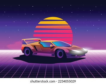 Retro 80s sci-fi futuristic style background with supercar. Vector retro futuristic synth wave illustration in 1980s posters style. Retro Nostalgic vaporwave cyberpunk artwork with vibrant neon colors