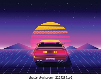 Retro 80s sci-fi futuristic style background with supercar. Vector retro futuristic synth wave illustration in 1980s posters style. Retro Nostalgic vaporwave cyberpunk artwork with vibrant neon colors