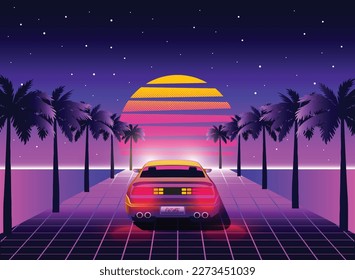 Retro 80s sci-fi futuristic style background. Vector retro futuristic synth wave illustration in 1980s posters style. Retro Nostalgic new wave vaporwave cyberpunk artwork with vibrant neon colors.
