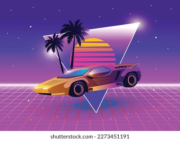 Retro 80s sci-fi futuristic style background. Vector retro futuristic synth wave illustration in 1980s posters style. Retro Nostalgic new wave vaporwave cyberpunk artwork with vibrant neon colors.
