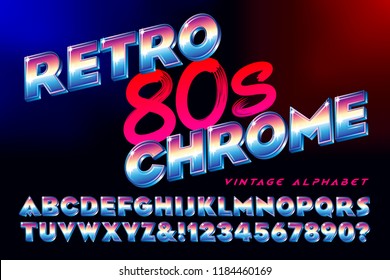 A Retro 80s Style Chrome Alphabet. This Font Is Reminiscent Of Eighties Airbrush Lettering Styles.