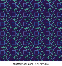 Retro 80's style patter. 80's patter. 80's colorful patter. 80's pattern with dark background and circles, squares and triangles