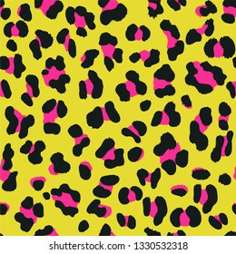 Retro 80s style seamless faux textured leopard animal print pattern with neon pink spots on yellow background. Vector EPS10 animal repeat surface pattern.