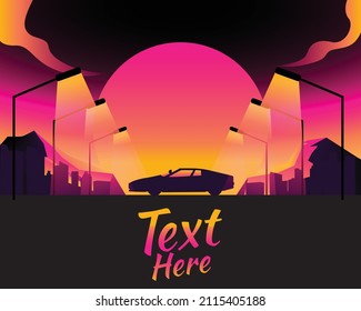 Retro 80s style, sun background with supercar. retro car. Vector 80s posters style.