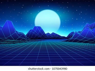 Retro 80s styled futuristic landscape with blue neon sun or moon in digital space and shiny grid for 80s revival retro rave party poster, flyer or mix cover