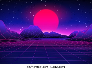 Retro 80s styled futuristic landscape with purple neon sun or moon in digital space and shiny grid for party poster, flyer or mix cover