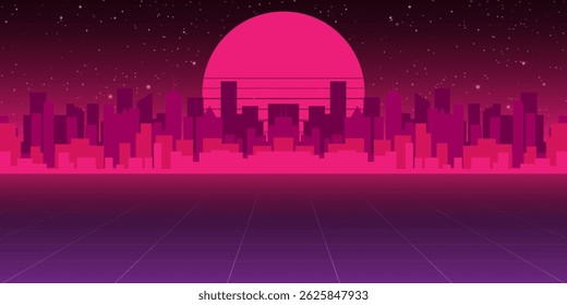Retro 80s styled futuristic landscape with purple neon sun or moon in digital space and shiny grid for party poster, flyer or mix cover