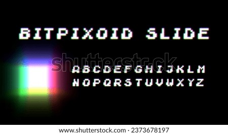Retro 80s styled typeface with neon glow. Pixel video game 8bit font. Set of retro style latin capital letters, numbers and punctuation signs.
