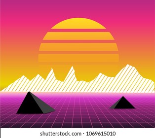 Retro 80s sun landscape futuristic. Sci-fi background 80s style. Suitable for any print design in 80s style.