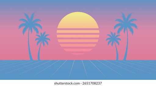 Retro 80s Sunset with Palm Trees and Grid Landscape