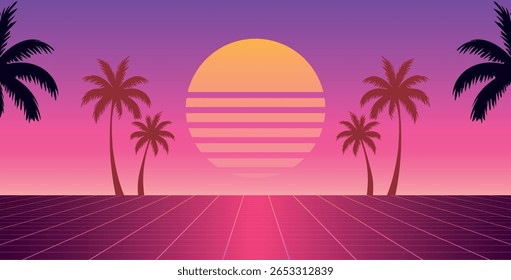 Retro 80s Sunset with Palm Trees and Grid Landscape