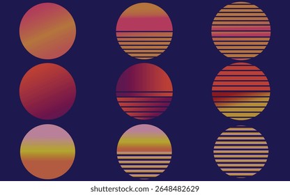 Retro 80s Sunset Vector Collection with Mountains and Forest Silhouettes
