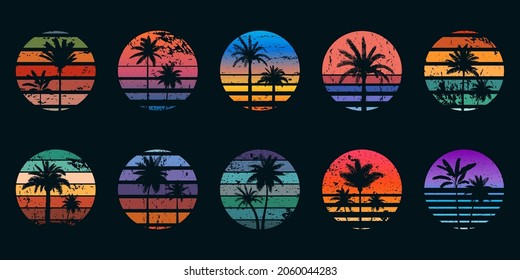 Retro 80s sunsets with palm trees silhouettes for t-shirt prints. Vintage surf design. Tropic summer sundown or sunrise gradient vector set. Ocean beach with tropical leaves and sunset