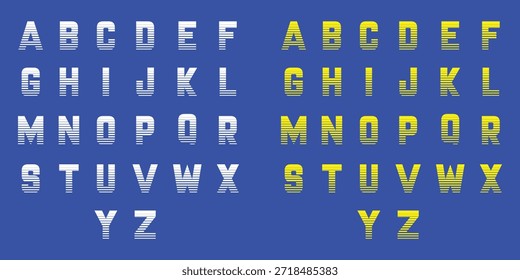 Retro 80s Synth wave Alphabet Vector with Horizontal Stripes on Blue Background.