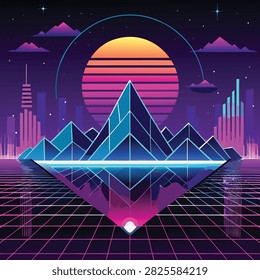 Retro 80s synthwave background with neon mountains, striped sun, futuristic city skyline and perspective grid floor, vector illustration