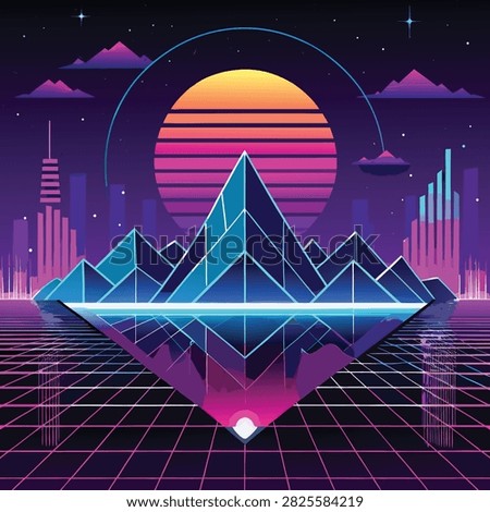 Retro 80s synthwave background with neon mountains, striped sun, futuristic city skyline and perspective grid floor, vector illustration